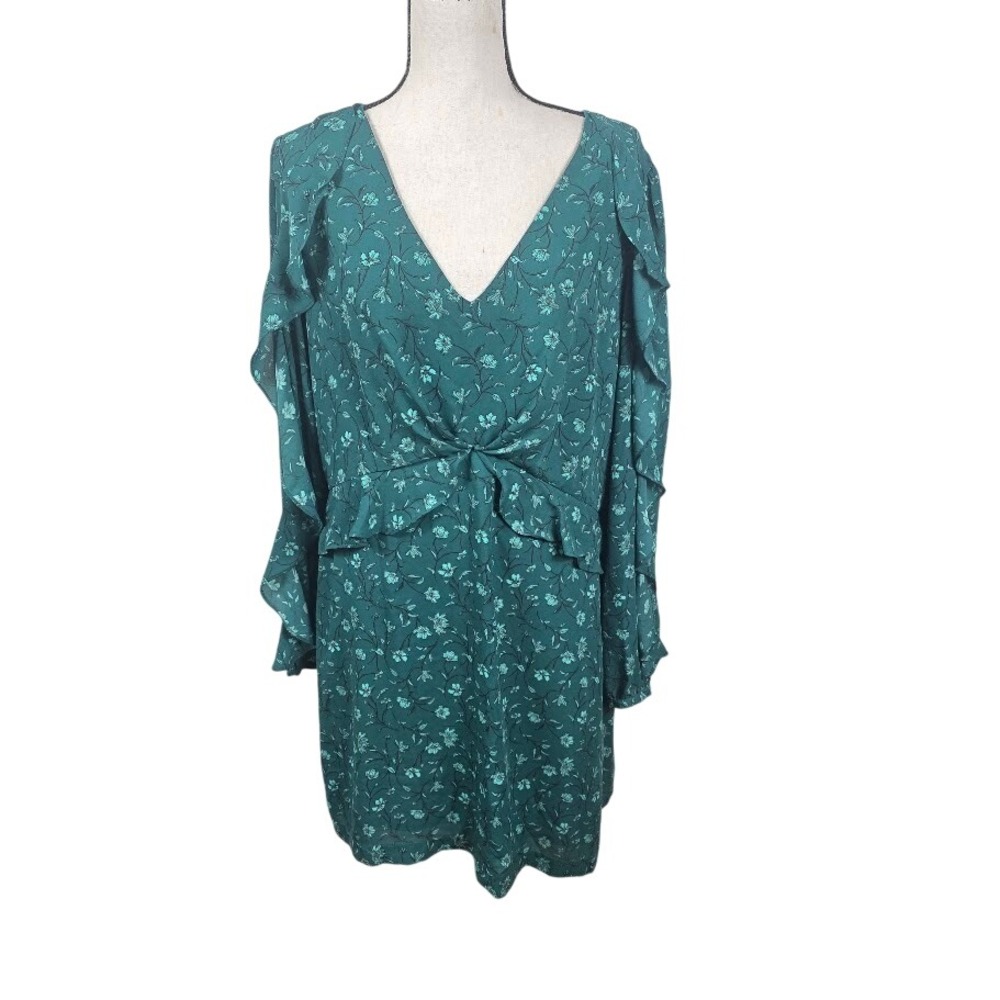 Forest Lily L TealGreen Floral V-Neck Dress Ruffle Fall Whimsical Boho Chic